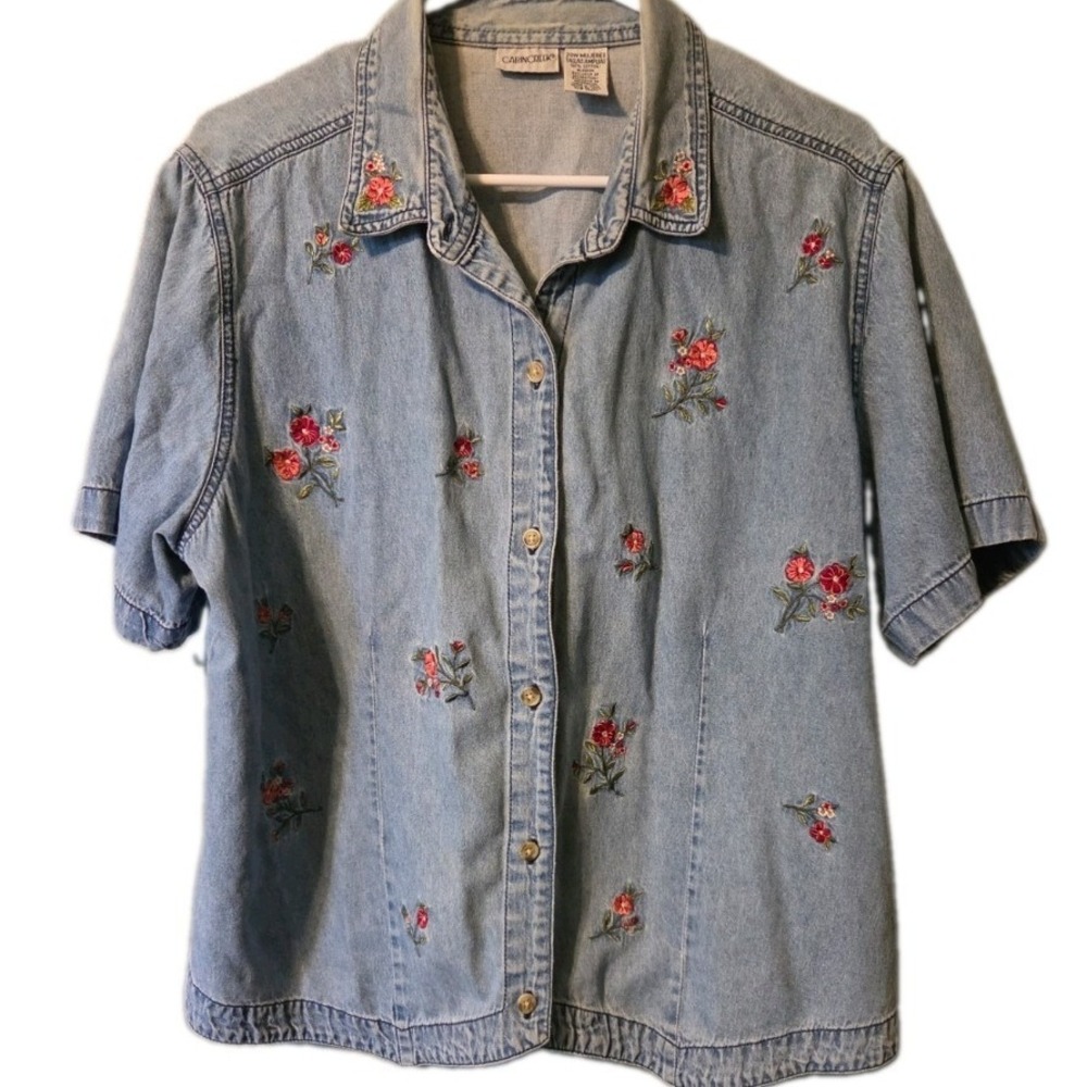 Vintage Cottage Core Grandma Floral Embroidry Blue Jean Shirt Women's 20W
